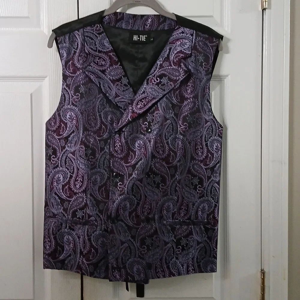 Hi-Tie purple black paisley faux suit vest prom wedding, formal  Sz L NWOT